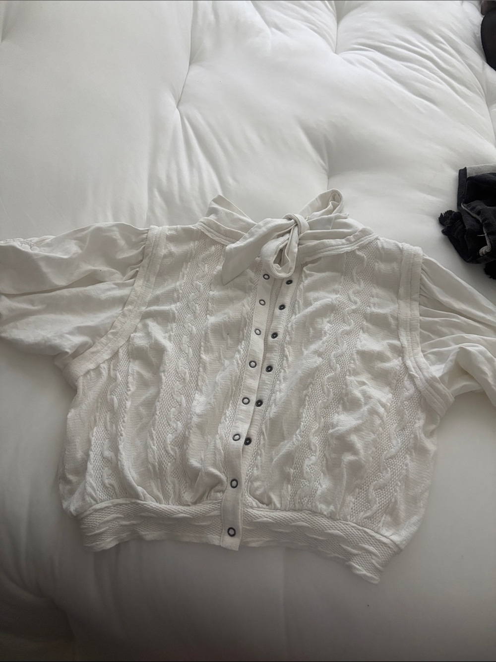 Free People Ivory Tie-Neck Cable Knit Blouse